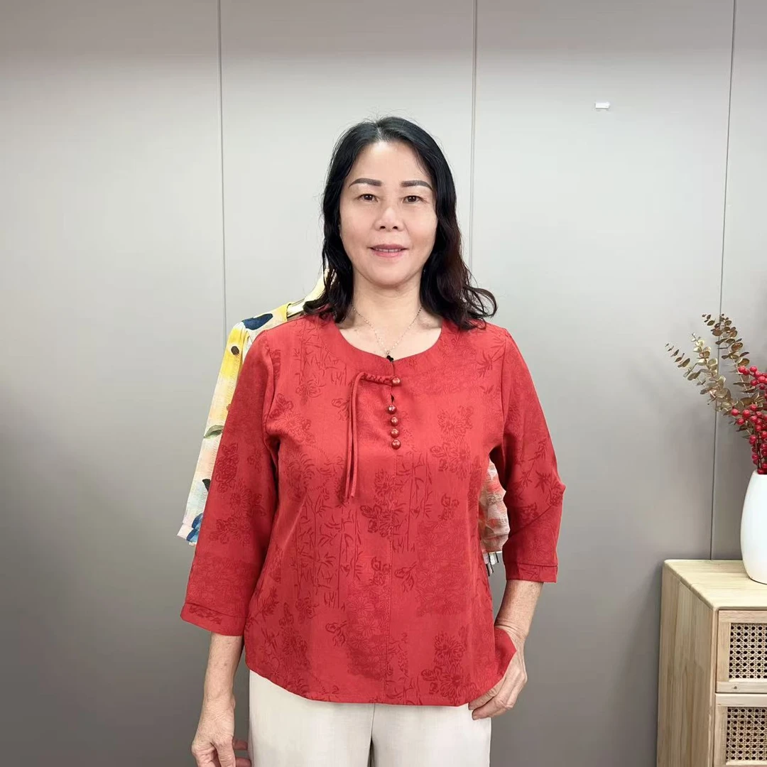 25秋季新中式女装修身型宽松型中老年女装植物花卉衬衫小衫