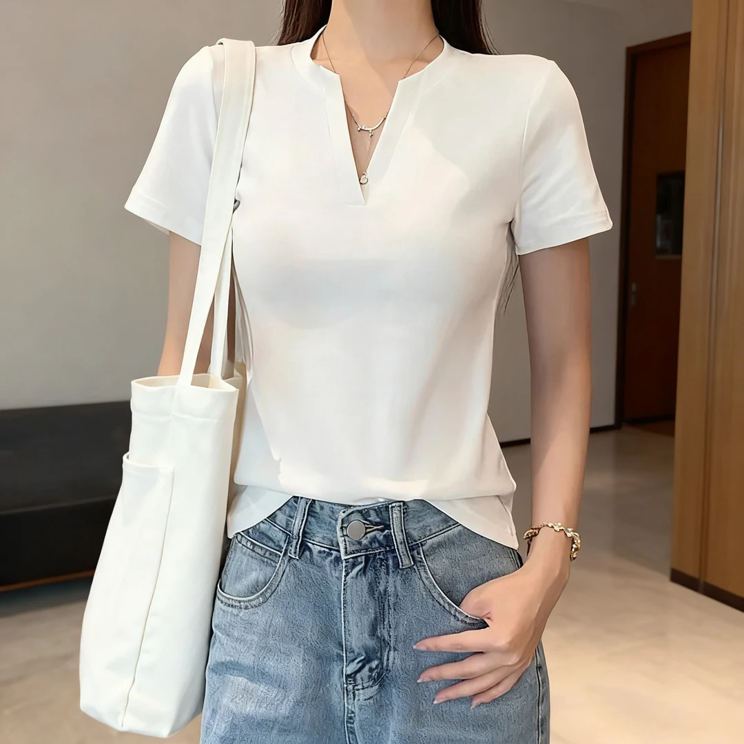 气质半开V领纯色短袖T恤女夏季2025新款简约百搭减龄上衣