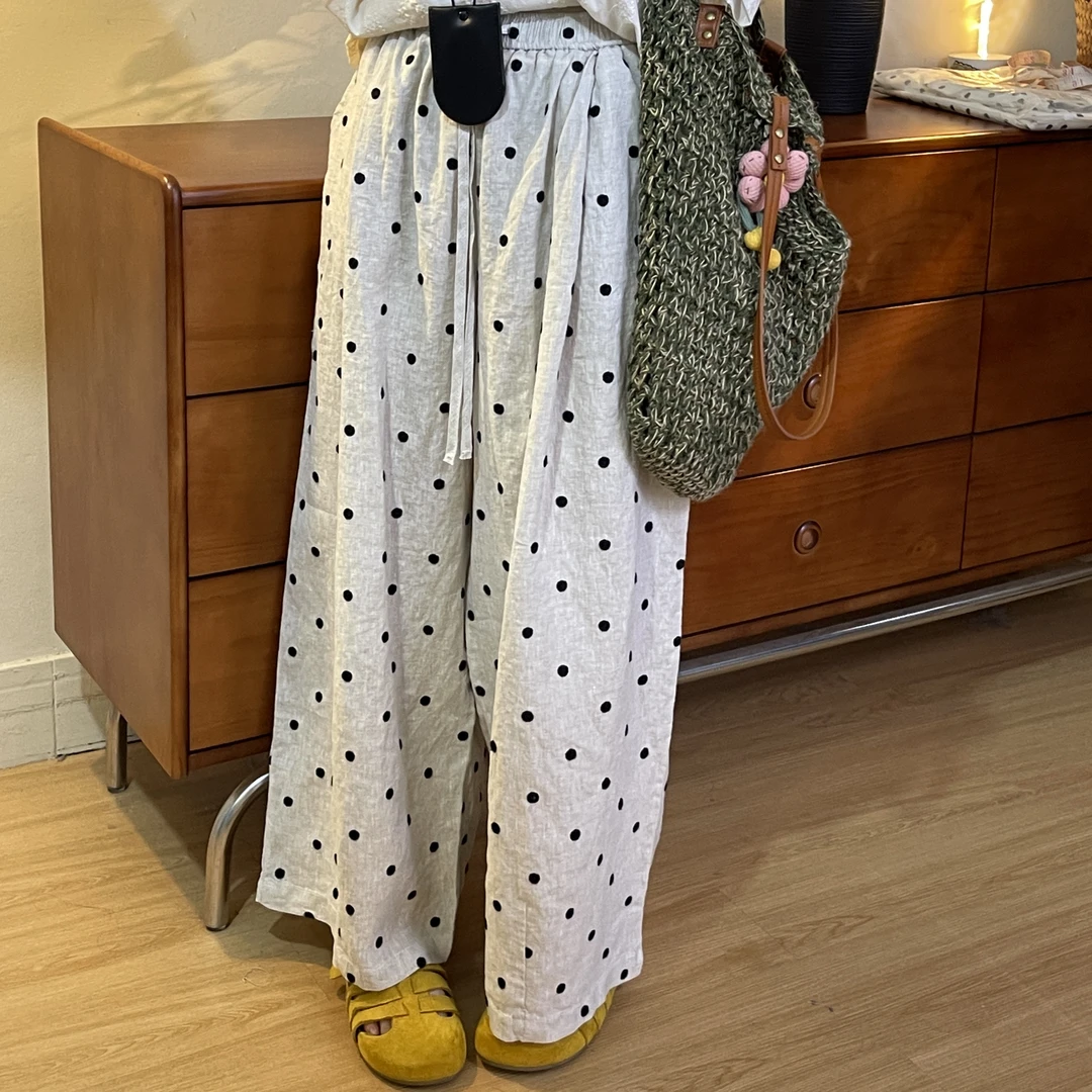 see U自制日系波点亚麻渔夫裤 宽松高腰慵懒感纯亚麻阔腿裤