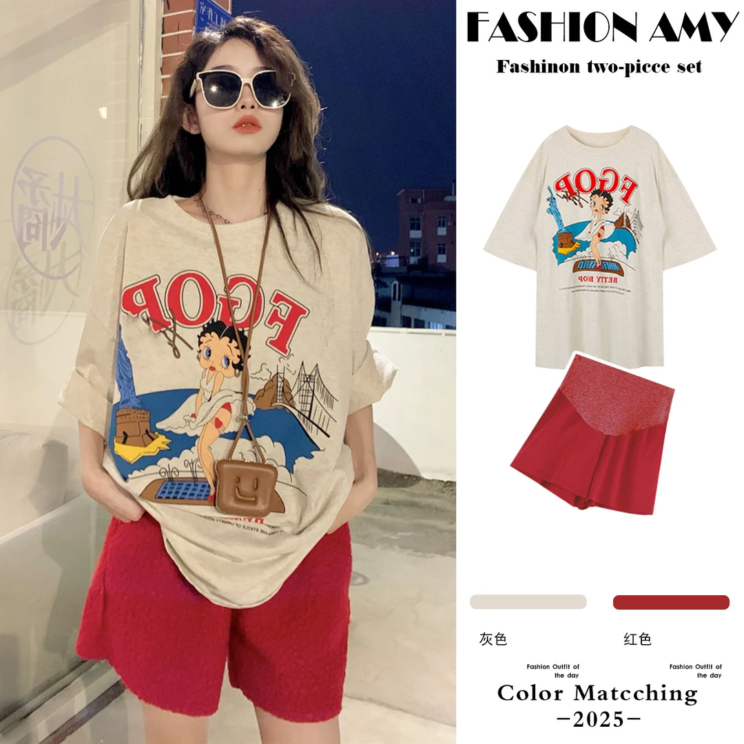 孕妇装夏装套装新款时尚韩版宽松显瘦卡通短袖T恤上衣休闲短裤子1