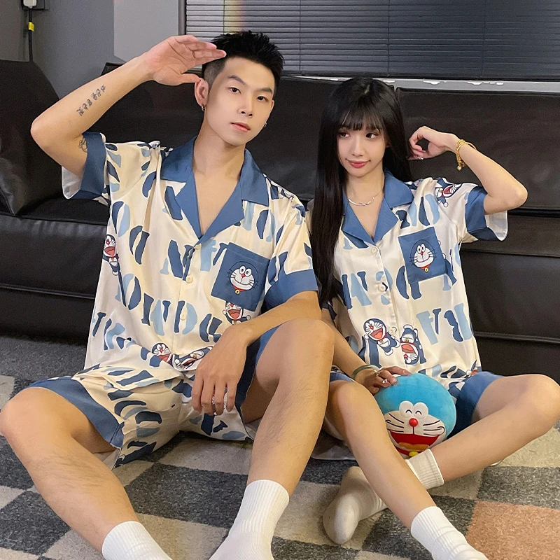 叮当猫卡通冰丝夏季情侣睡衣套装短袖开衫薄款大码男女士家居服