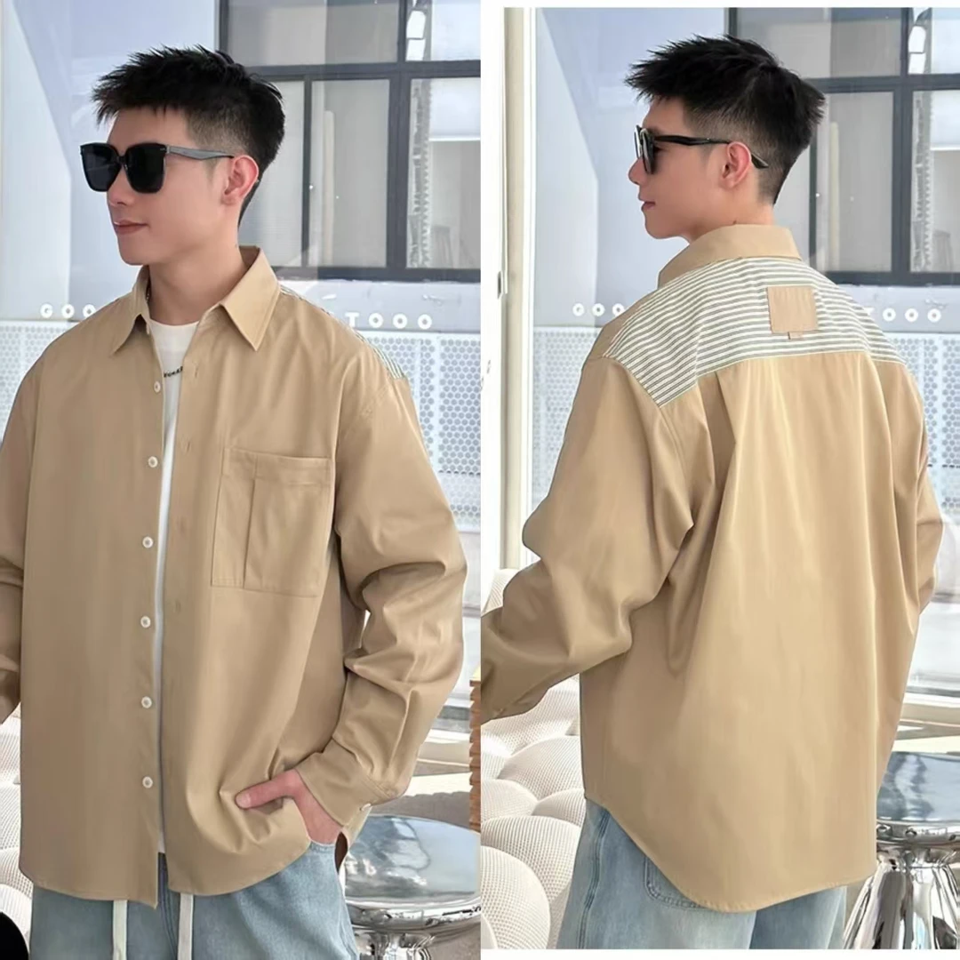 日系文艺风早春新款条纹拼接潮牌白色翻领衬衫外套男女款情侣上衣