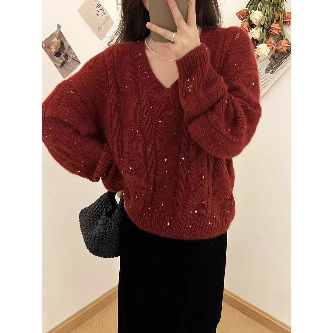 /V领波尔多/亮片V领软糯慵懒风复古麻花温柔套头宽松毛衣女93712