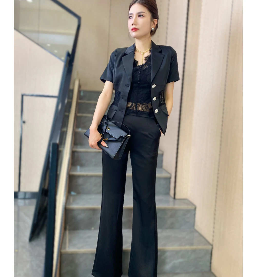【俊英】2025夏季新款蕾丝拼接短袖西装套装女气质显瘦直筒裤两件套