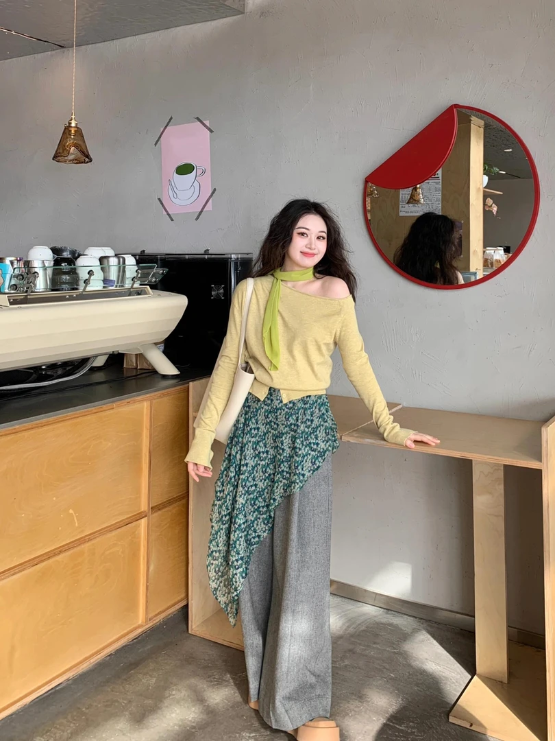 早春新款韩版绝美氛围感设计感斜肩长袖T恤显瘦百搭休闲裤套装