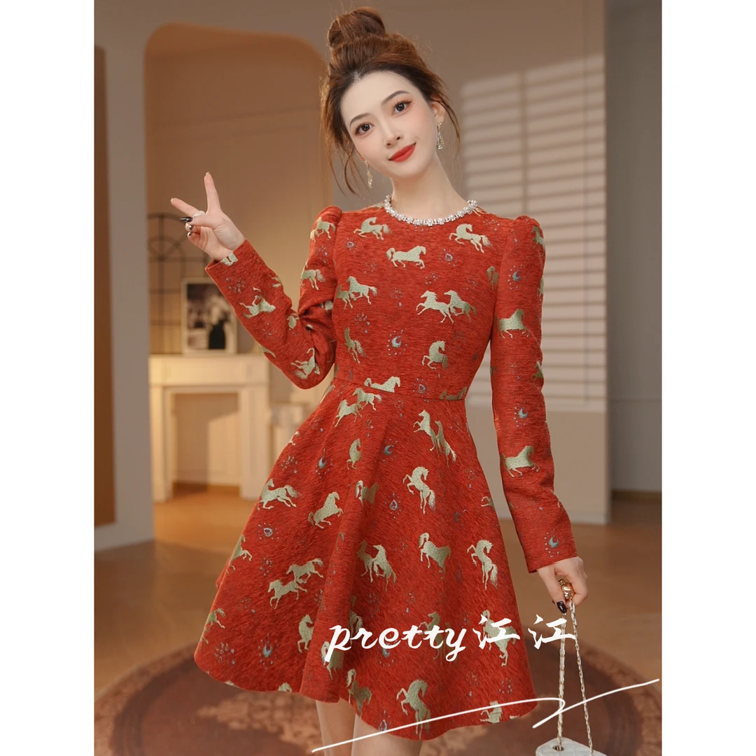 Pretty小众设计师品牌江江定制 九紫离火气质复古宴会连衣裙41175