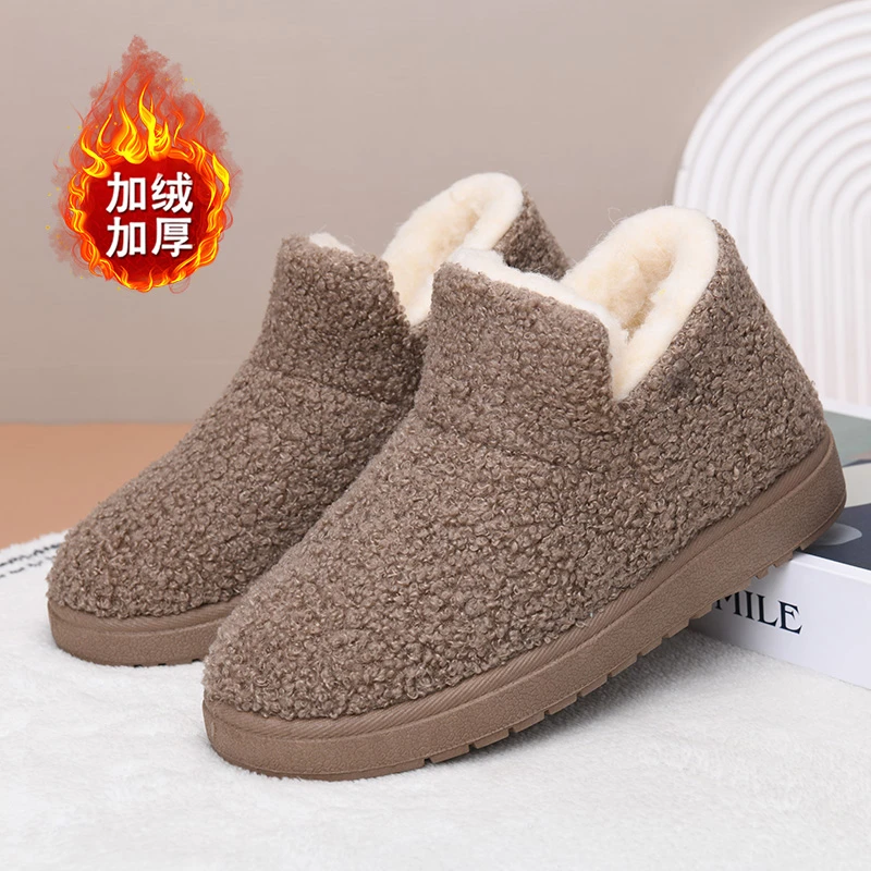 冬季女士加绒保暖舒适雪地靴一脚蹬懒人平底棉鞋百搭时尚妈妈鞋