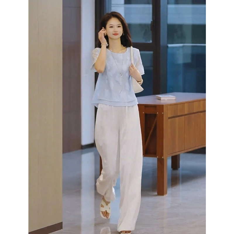 2025超火夏装一整套大方得体气质高级感百搭通勤风蓝色上衣套装裤