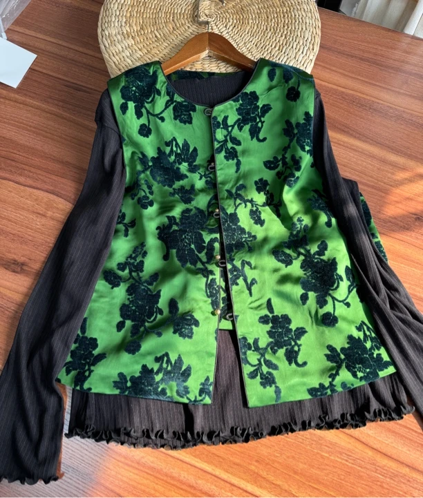 素锦荷花春秋女装马甲出行新中式马夹上衣背心气质C305墨翠