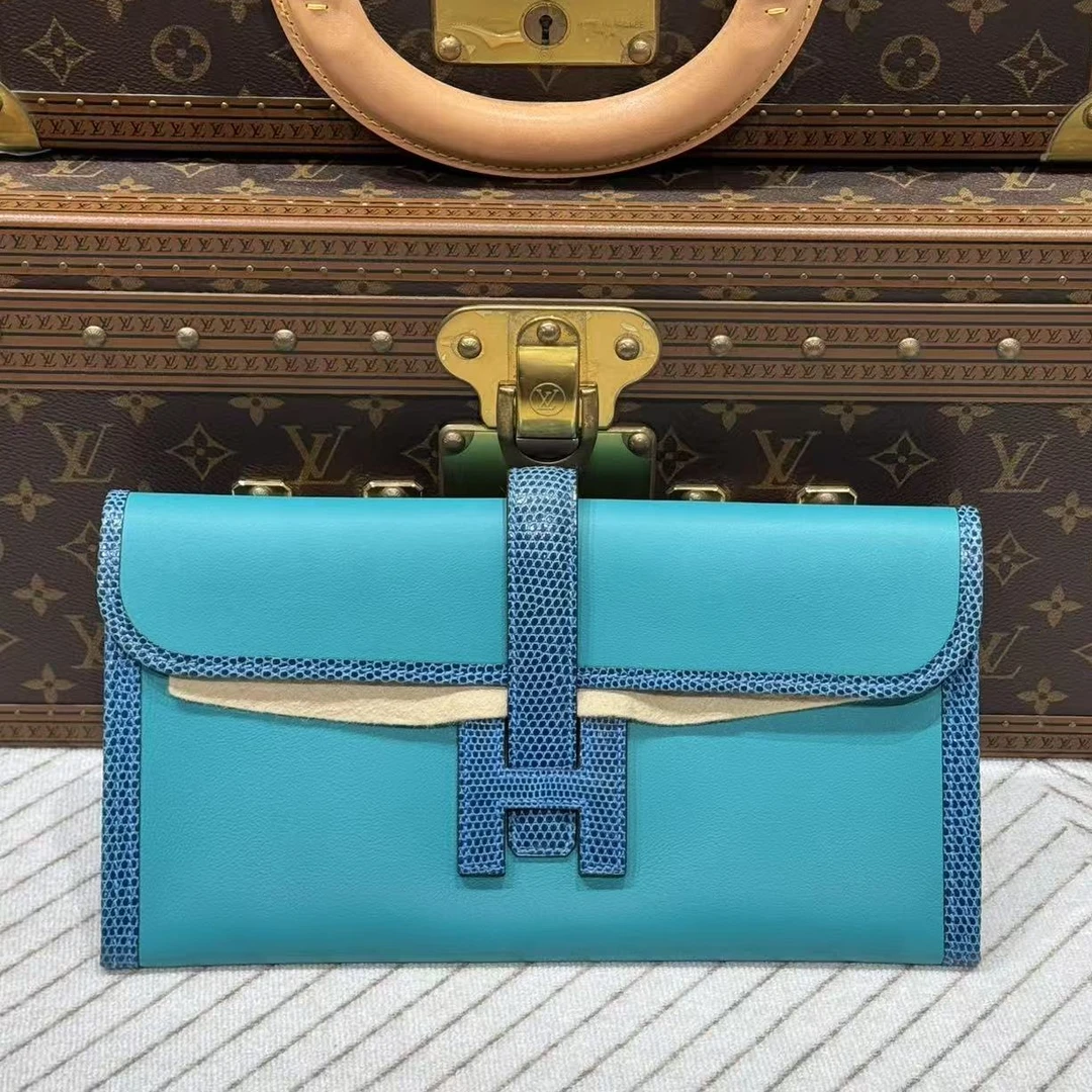 99新 Hermes/爱马仕 lina/JigeElan29包孔雀蓝拼希腊蓝蜥蜴皮