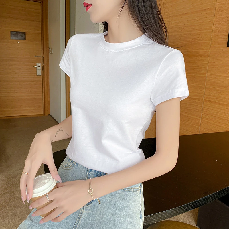 螺纹棉打底短袖白t恤女2025年新款小高领韩版紧身百搭显瘦上衣潮T