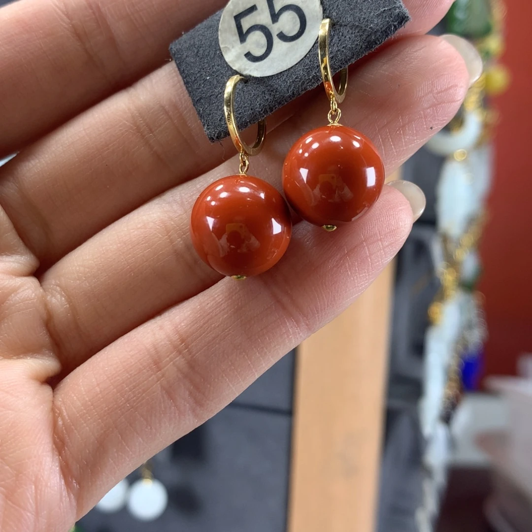 南红玛瑙18K金镶嵌耳饰