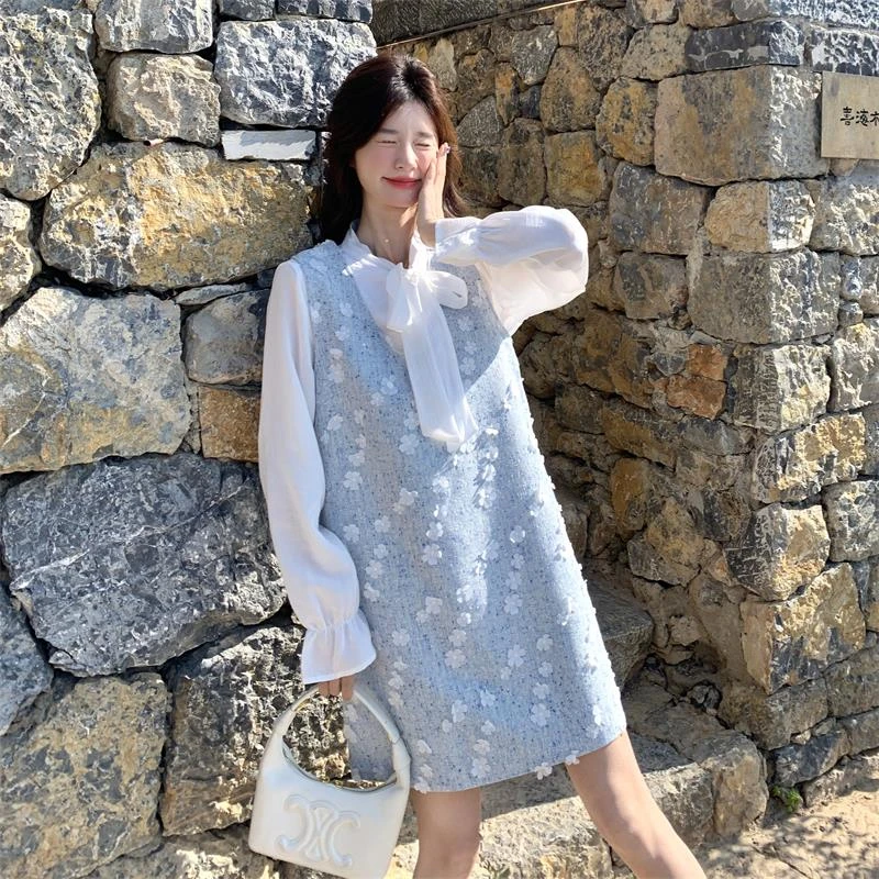 蝴蝶结衬衫小香风连衣裙女春秋2025新款文艺小个子独特漂亮两件套