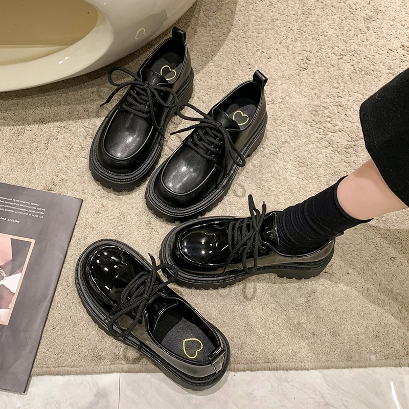 厚底乐福鞋女2025新款秋季加绒英伦风小皮鞋黑色jk单鞋系带女鞋