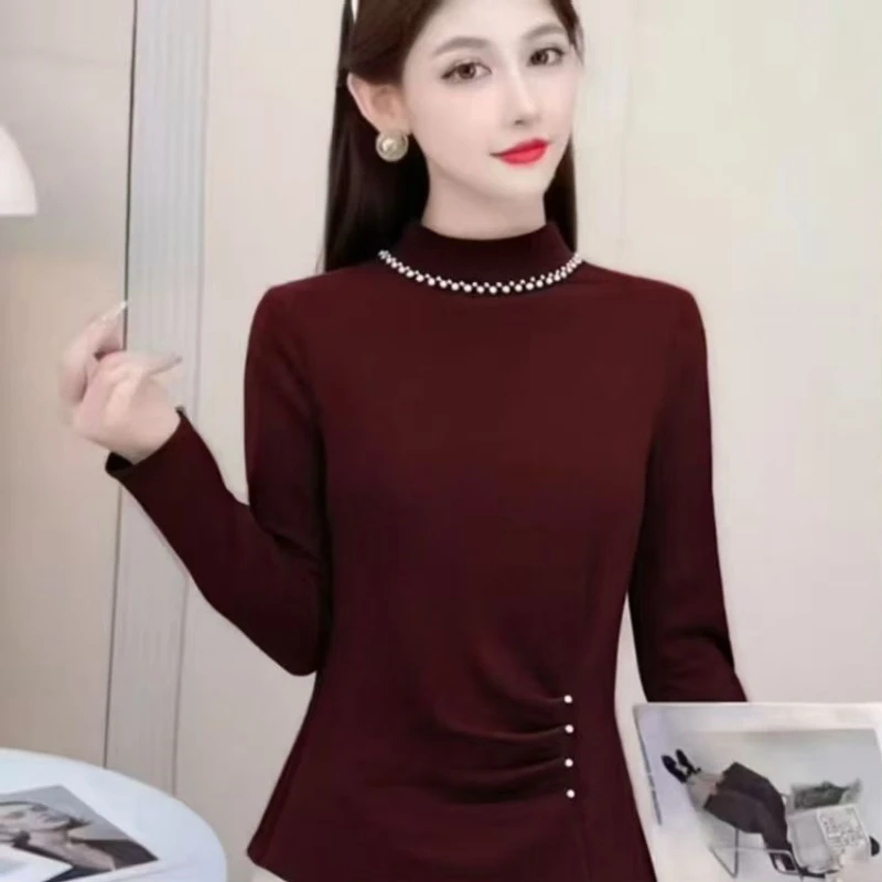 高端钉珠打底衫女内搭2025秋季新款不规则长袖T恤小衫妈妈上衣
