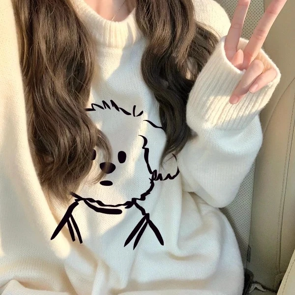 2-300斤大码软糯线条小狗加厚毛衣女秋冬宽松休闲针织衫圆领上衣