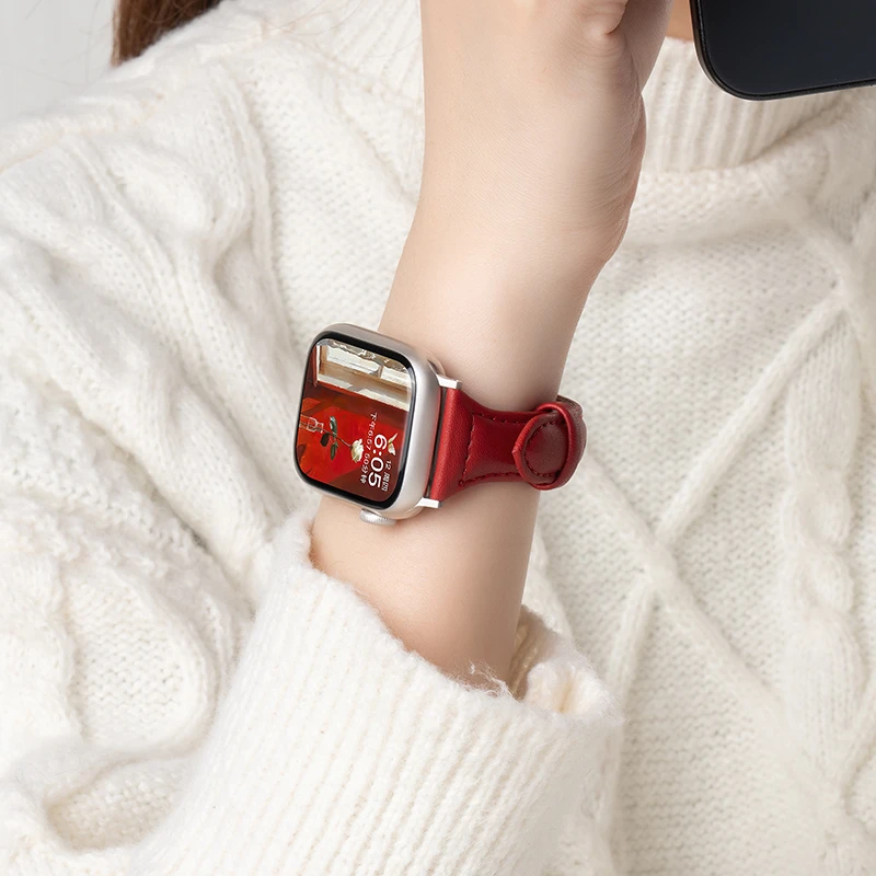 适用苹果S10手表iwatch9表带applewatch8新年红S9秋冬创意皮表带