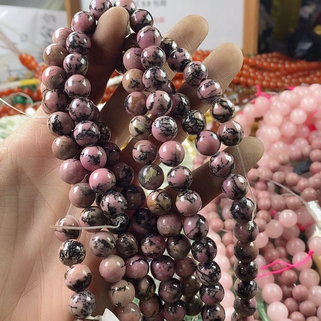 玛瑙/玉髓珠宝半成品合金一条天然10mm黑线蔷薇石A级