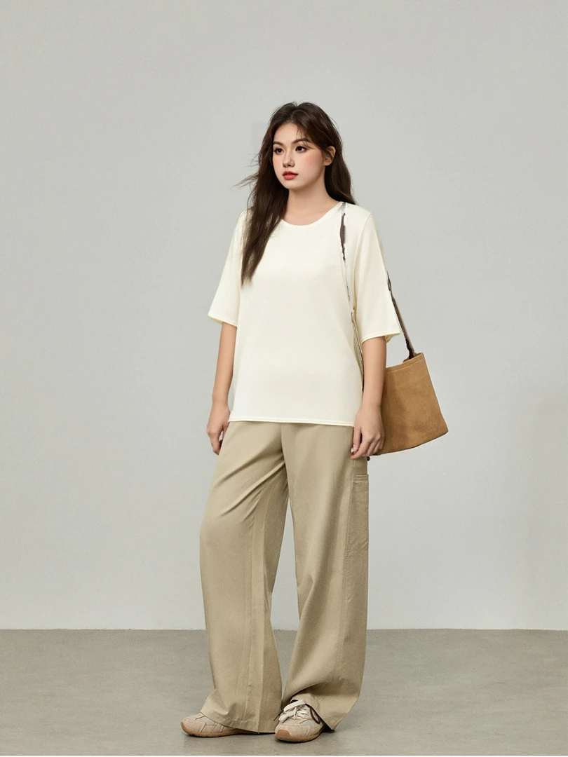 大码女装休闲百搭圆领短袖上衣2025秋季新款胖mm宽松针织衫