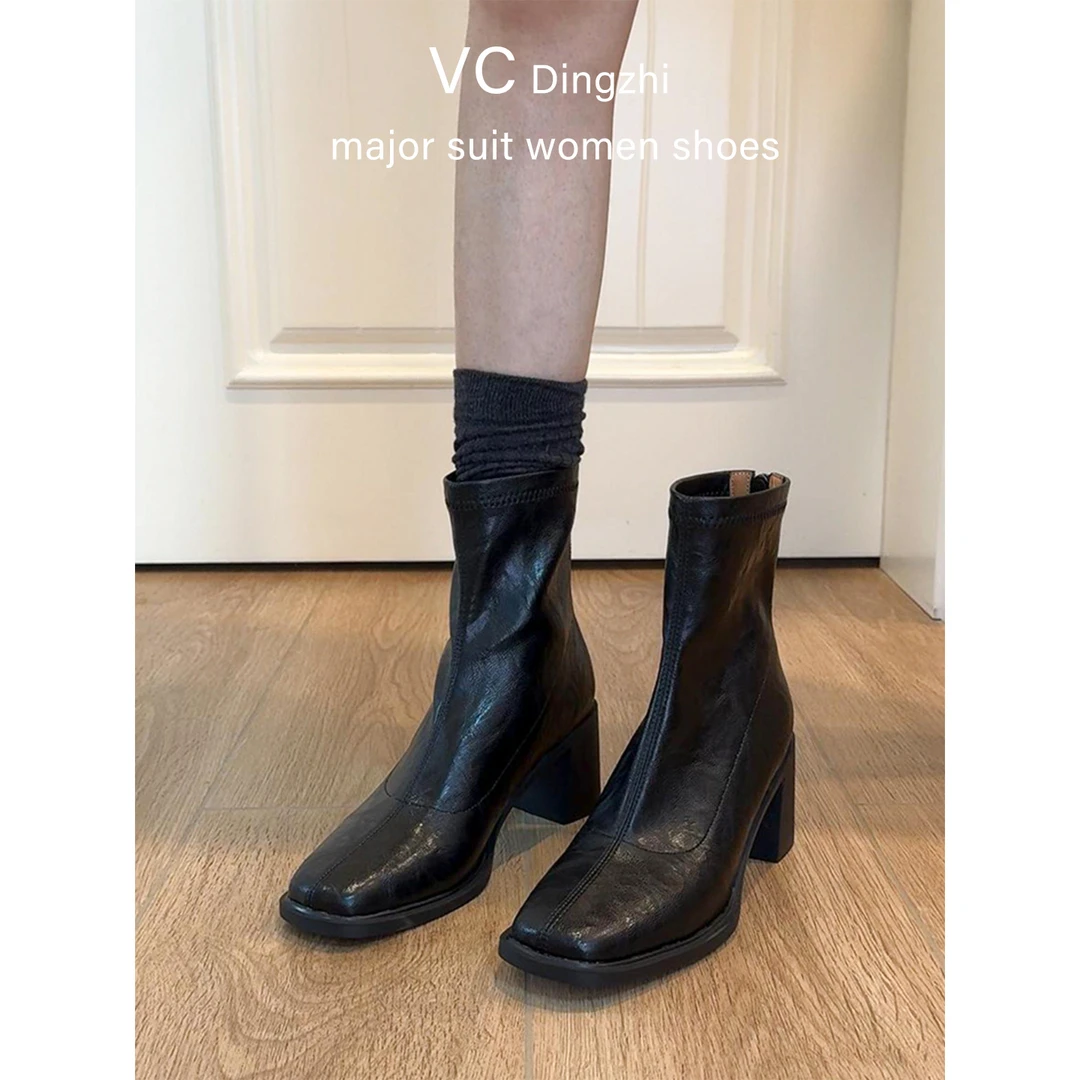粗跟高跟方头冬季秋冬短靴粗跟靴法式时装靴