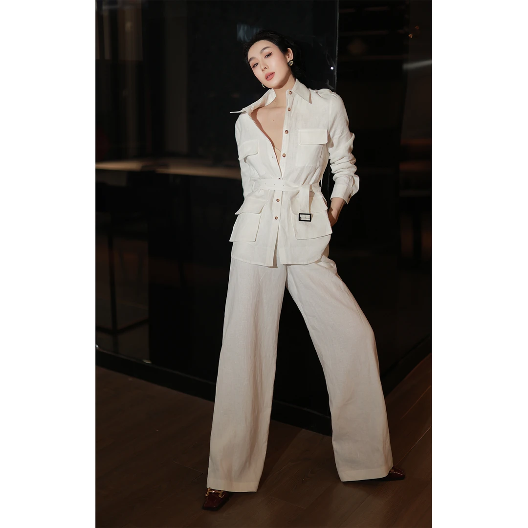法式春装新款高定品质纯亚麻肩章口袋老钱风衬衫阔腿裤套装两件套