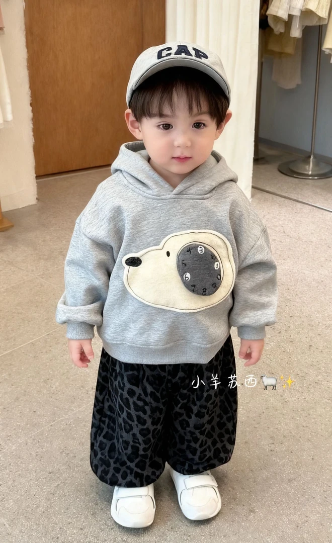 儿童秋冬套装加绒连帽卫衣可爱小狗加厚豹纹裤套装男女宝韩版帅气