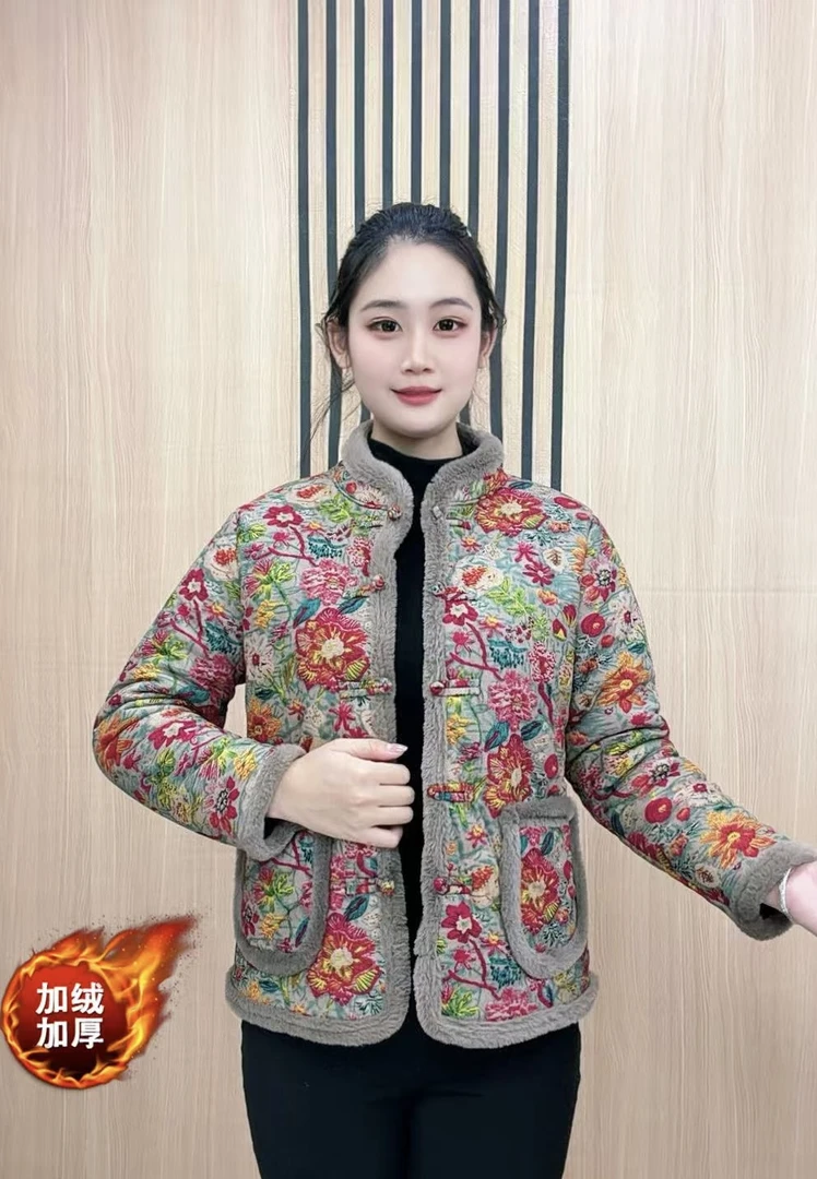 秋冬时尚加绒花海棉服立领保暖长袖冬季女士百搭棉衣棉袄加厚外套