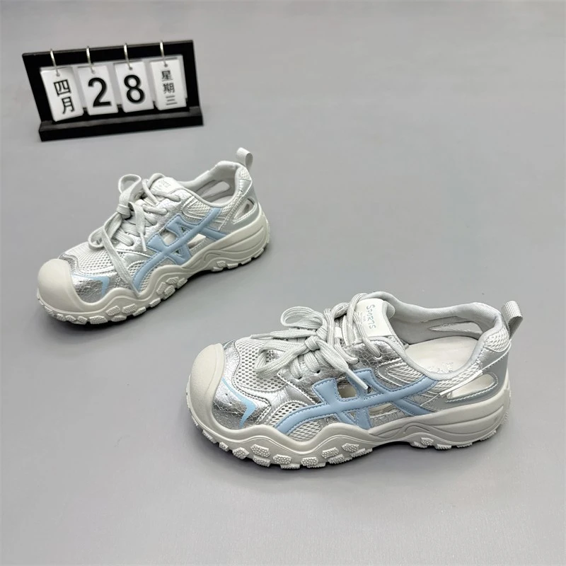 真皮女鞋2025夏新款复古双鞋带厚底老爹鞋镂空透气运动休闲跑步鞋