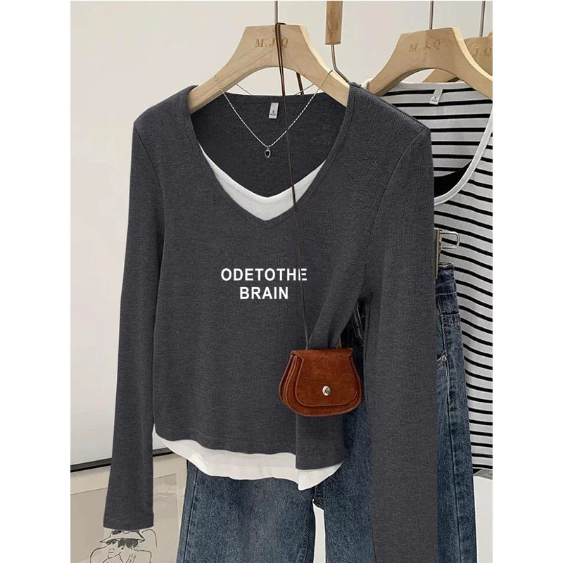 设计感小众假两件V领长袖t恤女秋冬季2025新款内搭打底衫时尚上衣