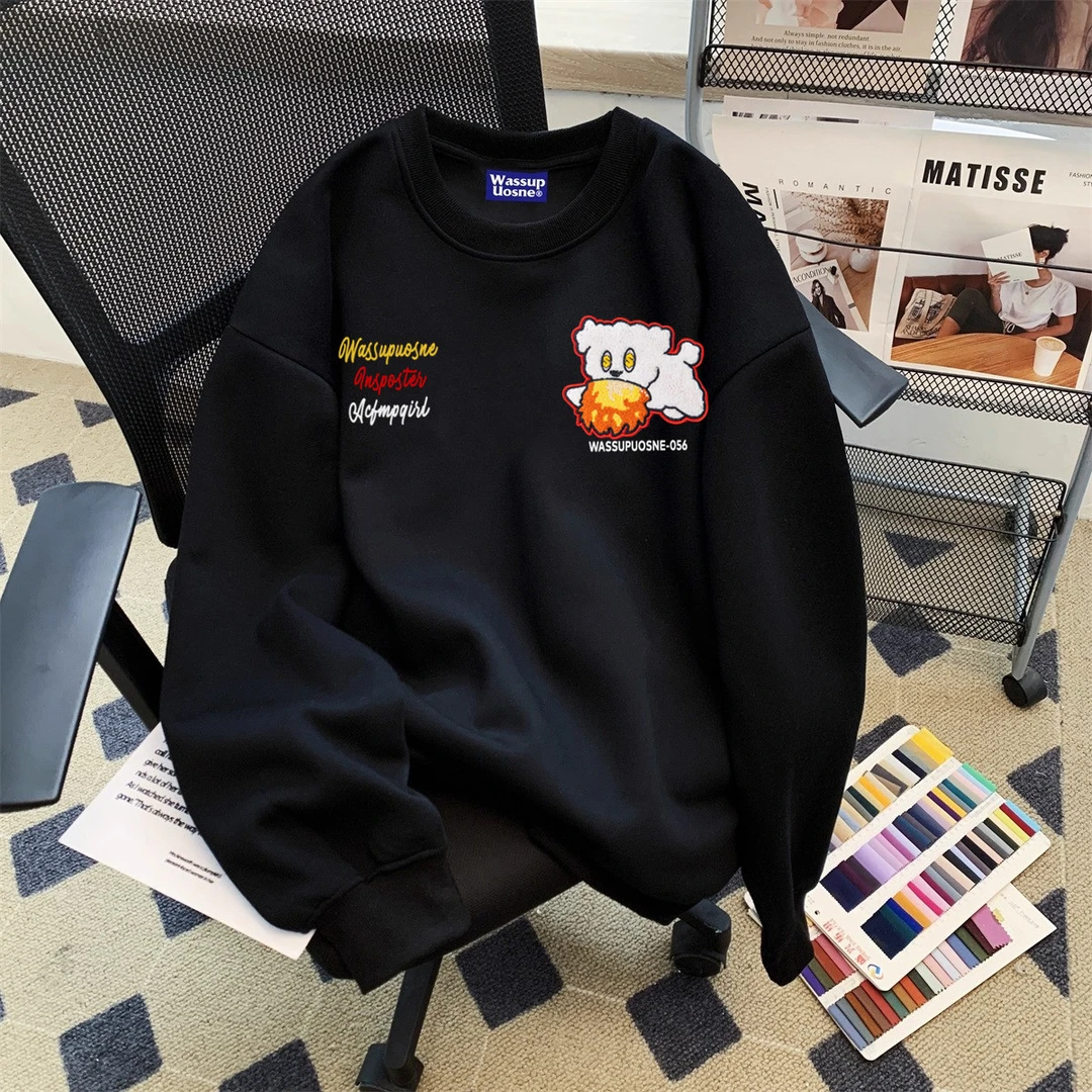 刺绣卡通小狗圆领薄款春秋季2025新款卫衣男款宽松套头情侣装上衣