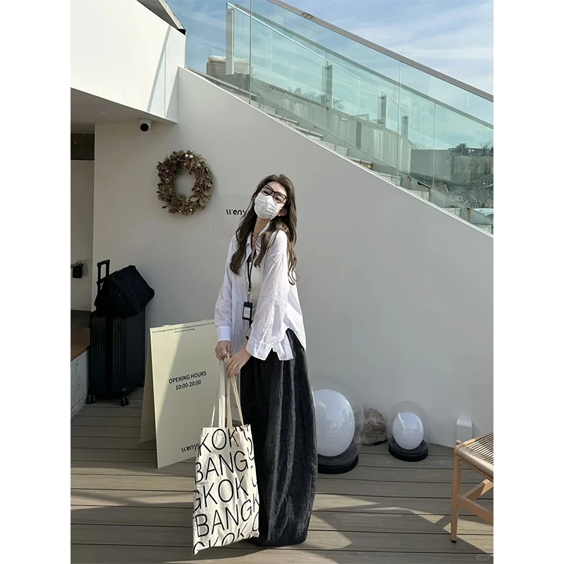 时尚简约通勤风宽松长袖衬衣女气质小众百搭显瘦垂感直筒休闲长裤