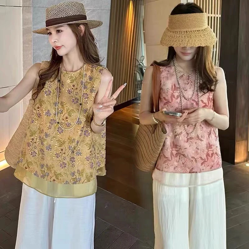 2025夏季新款时尚圆领无袖印花马甲女宽松显瘦老钱风背心上衣5938