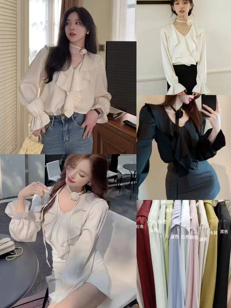 缎面白色衬衫女士春季长袖通勤职业衬衣气质蝴蝶结飘带上衣