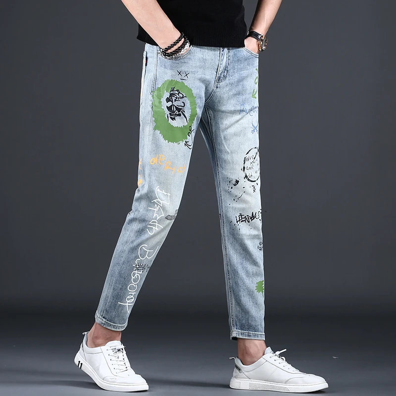 萨尔布勒斯潮牌九分牛仔裤男夏季薄款修身小脚印花男裤9分裤子男