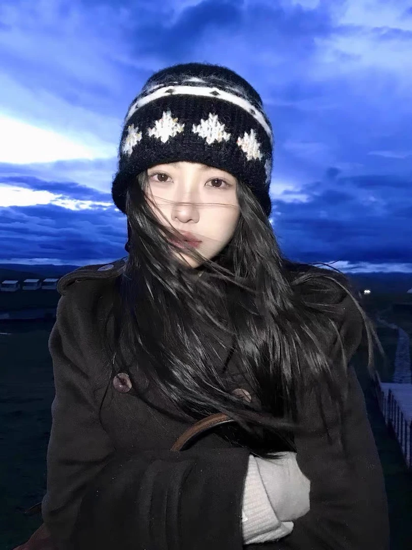 韩系复古提花费尔岛针织毛线帽女秋冬保暖显脸小包头帽卷边冷帽