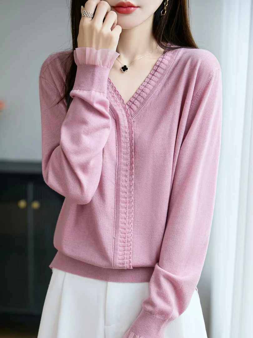 新款女长袖针织衫V领套头宽松小众气质纯色毛衣打底薄