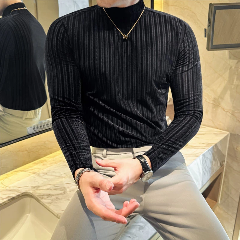 秋冬条纹黑色丝绒半高领打底长袖T恤亲肤弹力打底衫男潮
