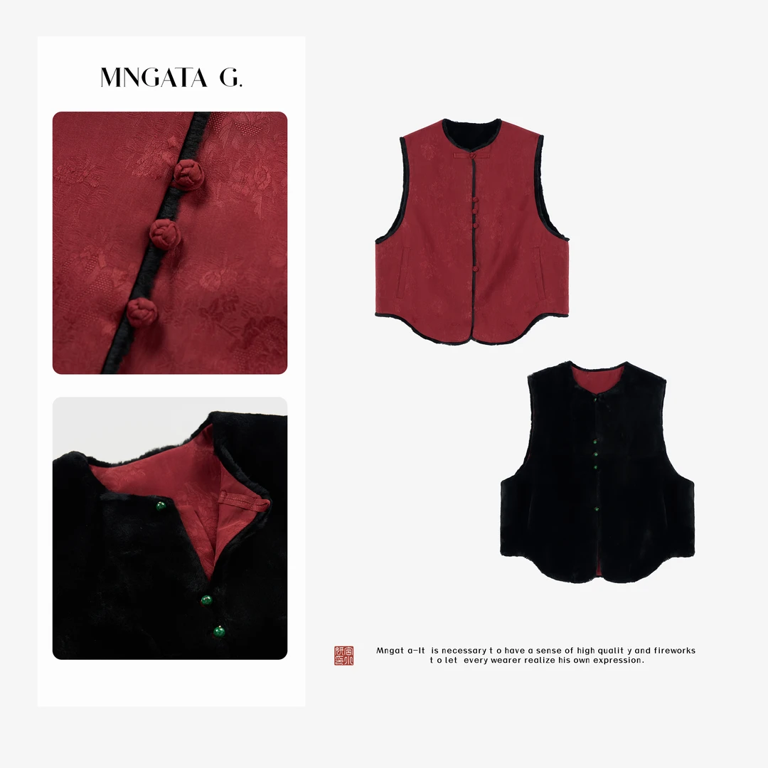 MNGATA G.宫小妍【木兰红】兔毛真丝双面穿新中式秋冬马甲X280189