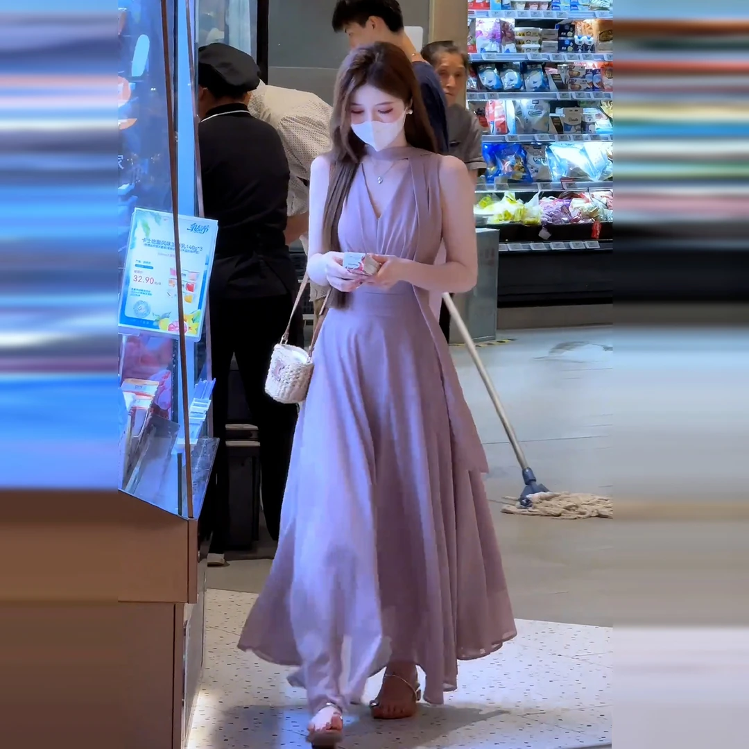 法式气质紫色无袖V领仙女连衣裙子女夏2025雪纺收腰显瘦长裙6407