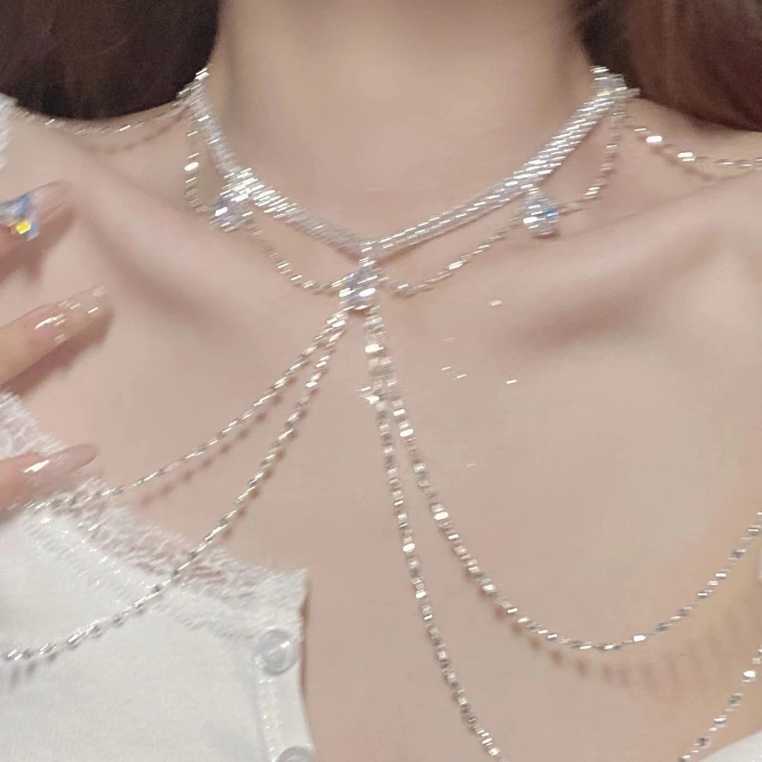 合金锆石项链 轻奢礼服配饰流苏肩链时尚身体链小众气质水钻胸链