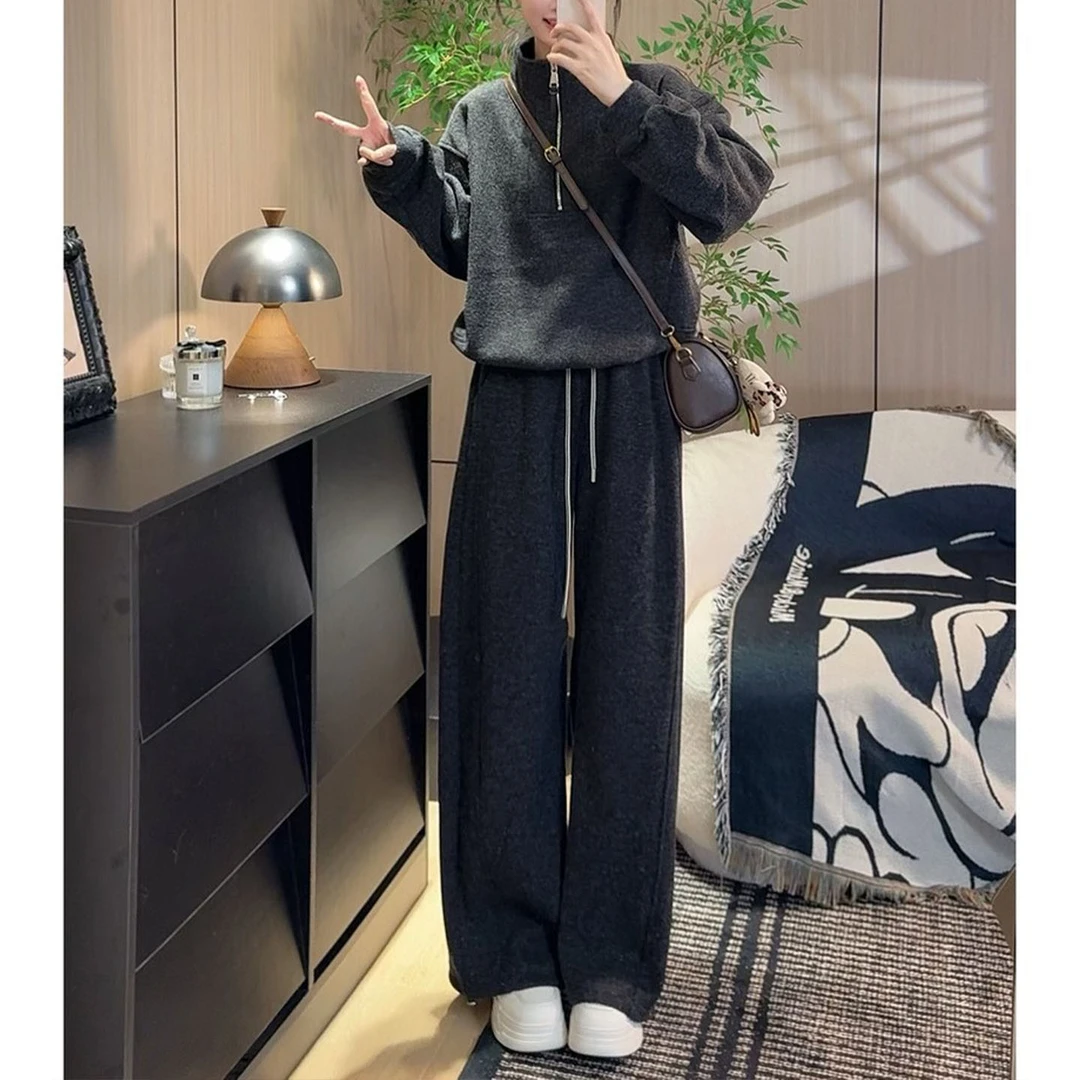 加绒套装女秋冬松弛慵懒风高领拉链卫衣弯刀阔腿裤加厚保暖两件套