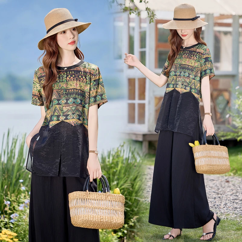 通勤风休闲风新中式两件套装上衣气质休闲印花女时尚洋气减龄宽松