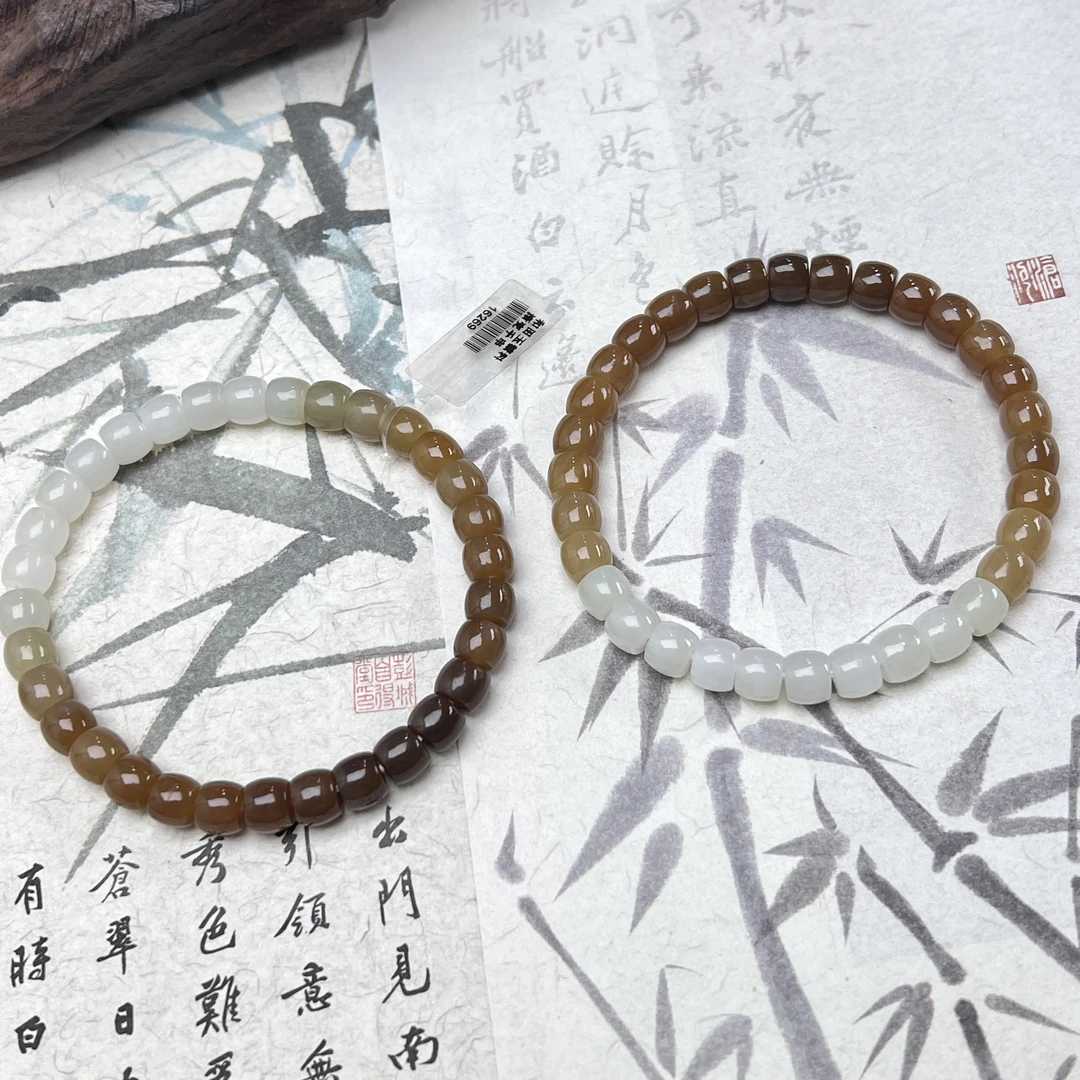 YWF56和田玉糖料渐变直切老型手串6*5mm+多样性发其一