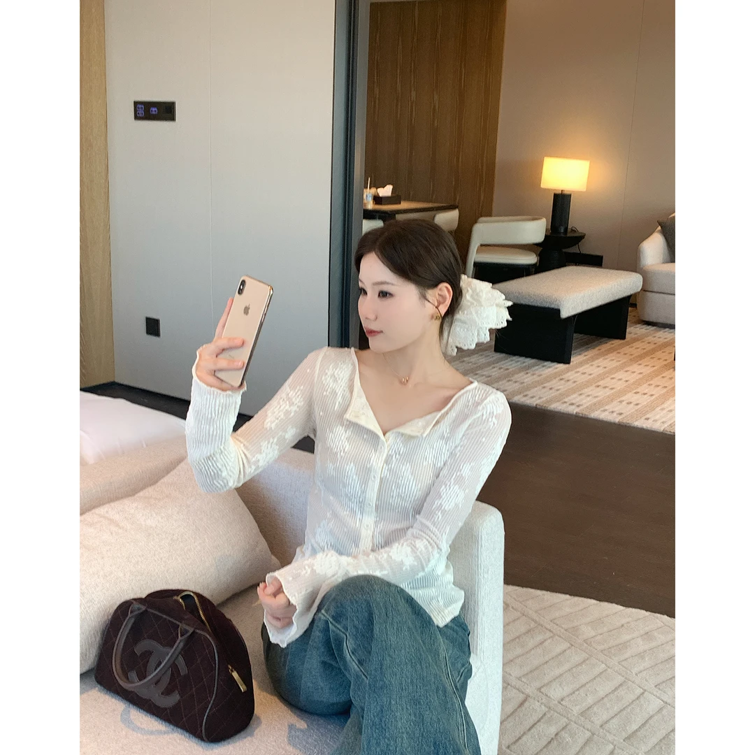 本希benxe /珠帘 du特白色高弹针织开衫蕾丝防晒空调外套