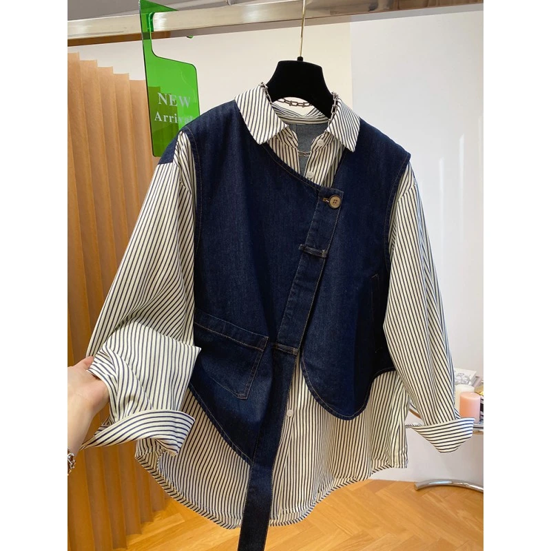 欧货牛仔拼接条纹衬衫女2025早春新款宽松高级设计感假两件上衣潮