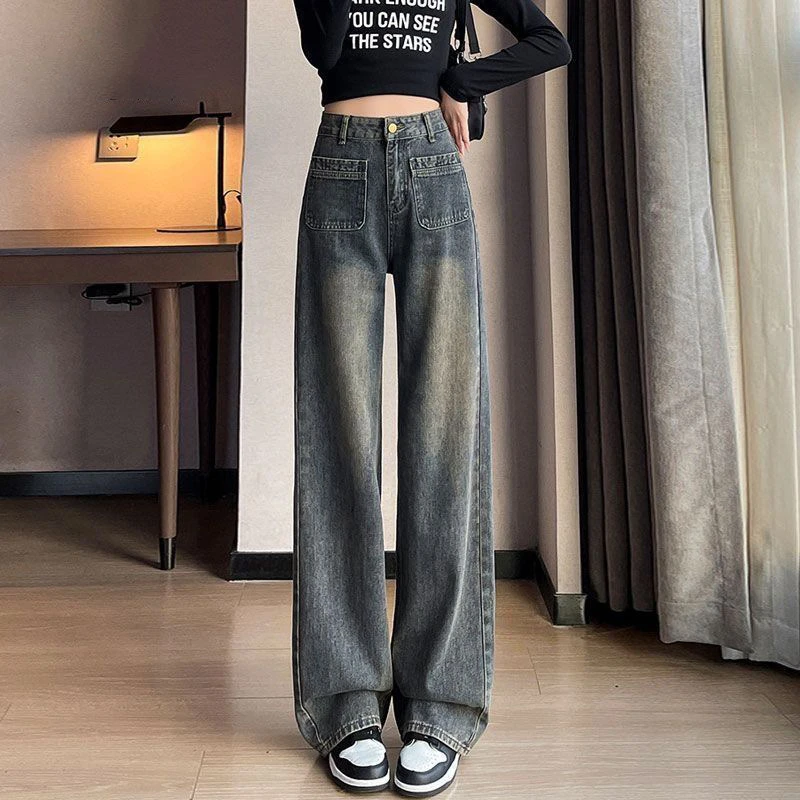 直筒牛仔裤女春秋新款美式怀旧高腰瘦梨型身材口袋窄版阔腿长裤子