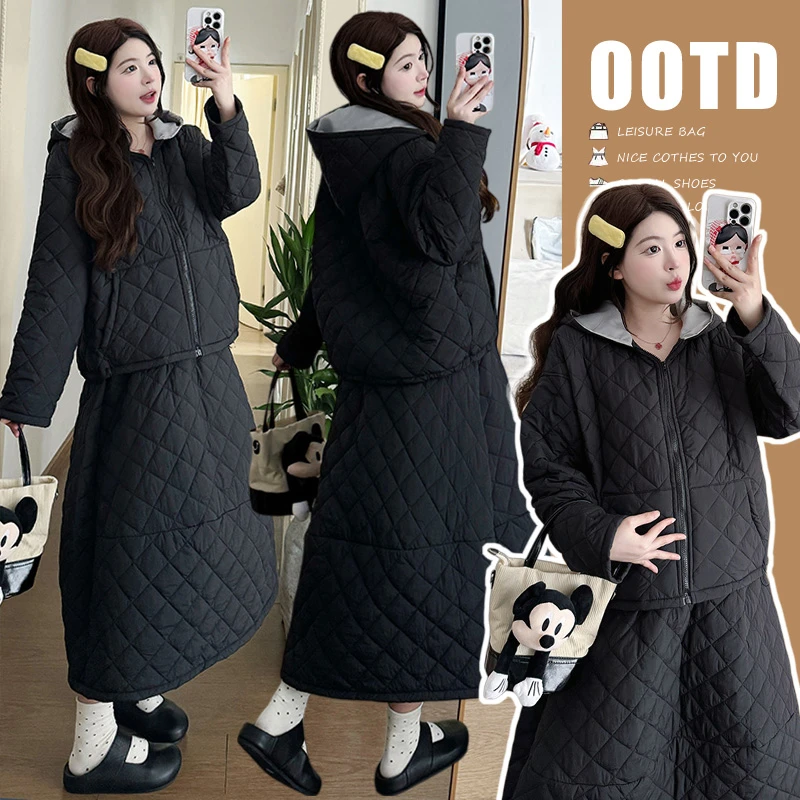 冬上新高级休闲时髦慵懒连帽夹棉服保暖休闲孕妇套装百搭高级感