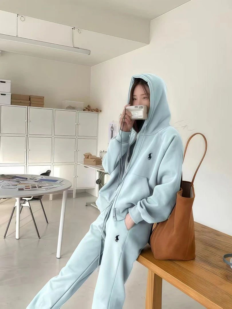 不加绒连帽套装女个性休闲立体绣花运动卫衣套装洋气时髦潮