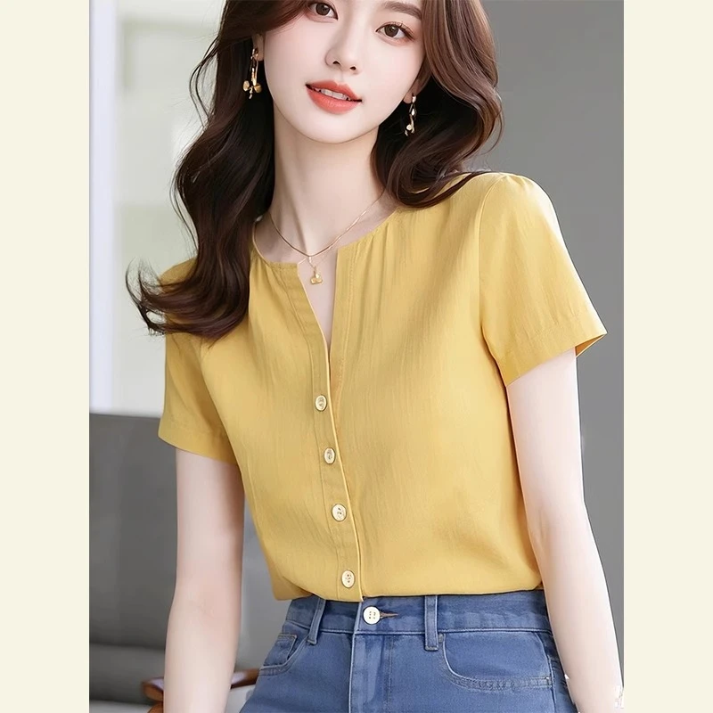 今年流行的漂亮小衫高级感轻奢减龄洋气设计感小众黄色衬衫春季女