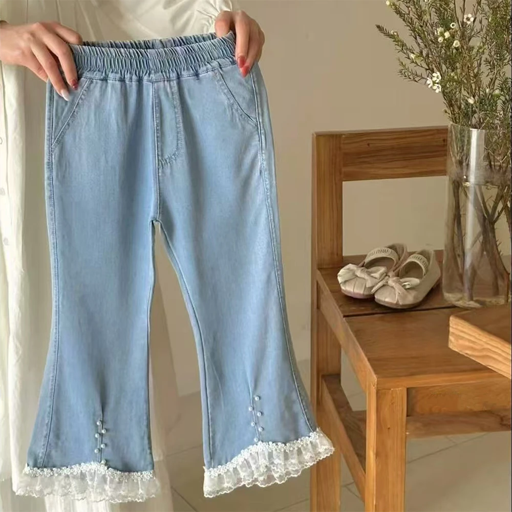 女童竹节天丝牛仔裤2025款夏季薄款儿童喇叭裤珍珠蕾丝花边裤